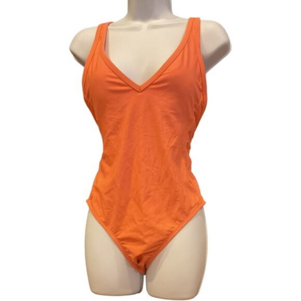 Womens Orange One-Piece Swimsuit With Adjustable Straps & Deep V-Neckline